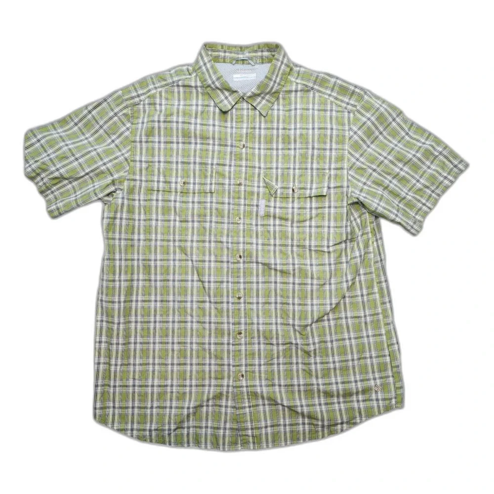 Columbia Men's Fishing Breathable Mesh button up Shirt Green Plaid Size L